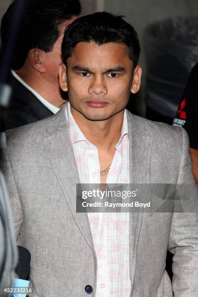 Boxer Marcos "El Chino" Maidana is interviewed during the "Mayhem: Mayweather vs. Maidana II" championship rematch press conference at the Congress...