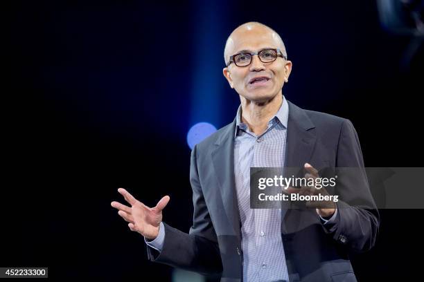 Satya Nadella, chief executive officer of Microsoft Corp., speaks during a keynote session at the Microsoft Worldwide Partner Conference in...