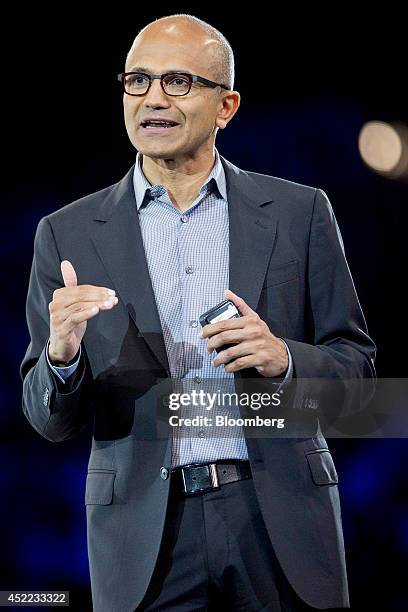 Satya Nadella, chief executive officer of Microsoft Corp., speaks during a keynote session at the Microsoft Worldwide Partner Conference in...