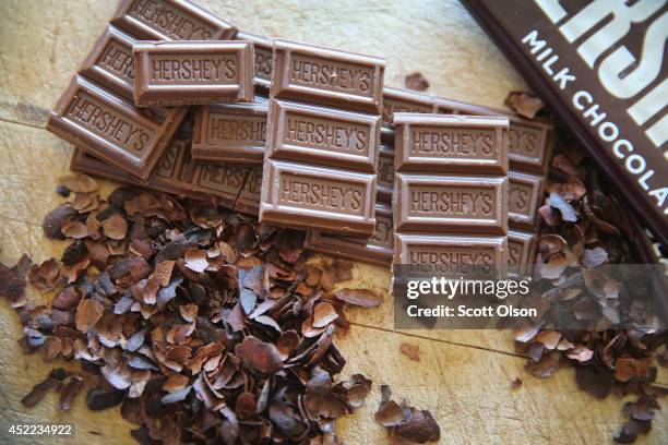 Hershey's chocolate bars are shown on July 16, 2014 in Chicago, Illinois. Hershey Co., the No.1 candy producer in the U.S., is raising the price of...