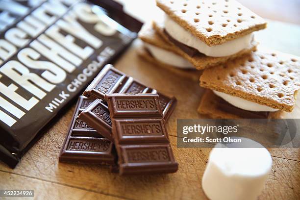 Hershey's chocolate bars are shown on July 16, 2014 in Chicago, Illinois. Hershey Co., the No.1 candy producer in the U.S., is raising the price of...