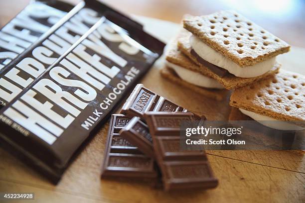 Hershey's candy bars are shown on July 16, 2014 in Chicago, Illinois. Hershey Co., the No.1 candy producer in the U.S., is raising the price of its...