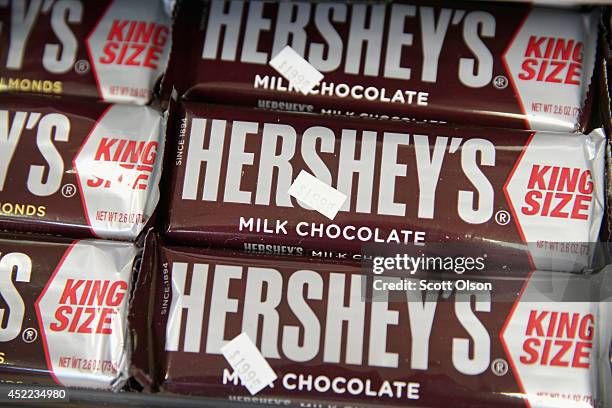 Hershey's chocolate bars are offered for sale on July 16, 2014 in Chicago, Illinois. Hershey Co., the No.1 candy producer in the U.S., is raising the...