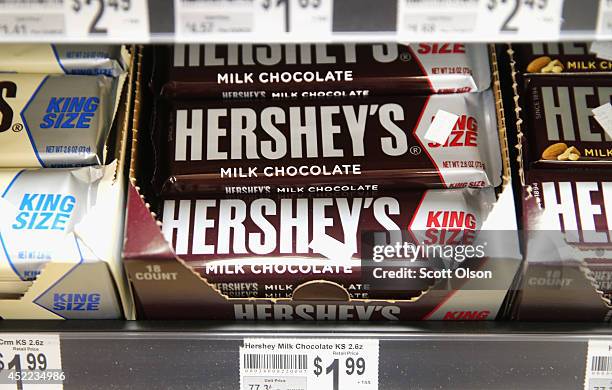 Hershey's chocolate bars are offered for sale on July 16, 2014 in Chicago, Illinois. Hershey Co., the No.1 candy producer in the U.S., is raising the...