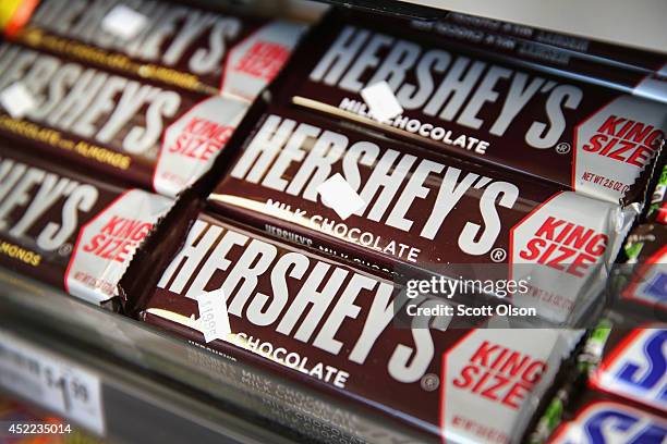 Hershey's chocolate bars are offered for sale on July 16, 2014 in Chicago, Illinois. Hershey Co., the No.1 candy producer in the U.S., is raising the...