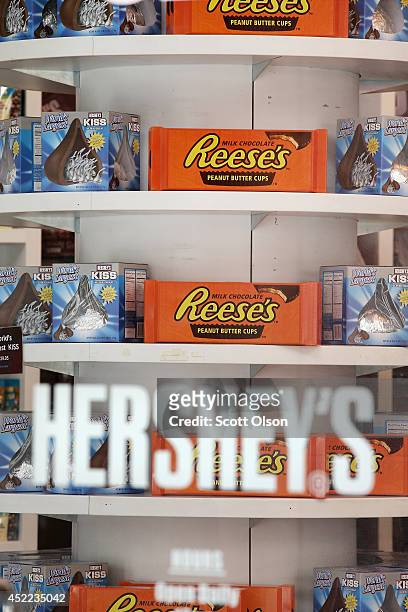 Hershey's chocolate bars are offered for sale at the Hershey's Chocolate World store on July 16, 2014 in Chicago, Illinois. The store, located along...