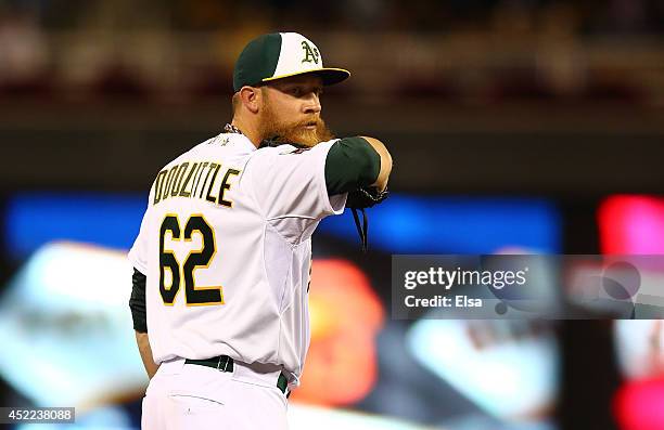 American League All-Star Sean Doolittle of the Oakland Athletics pitches against the National League All-Stars during the 85th MLB All-Star Game at...