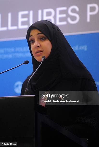Reem Al Hashemi, UAE State Minister, speaks during the presentation of the candidacies for the 2020 World Expo, at the OECD headquarters on November...