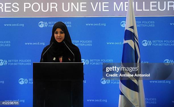 Reem Al Hashemi, UAE State Minister, speaks during the presentation of the candidacies for the 2020 World Expo, at the OECD headquarters on November...