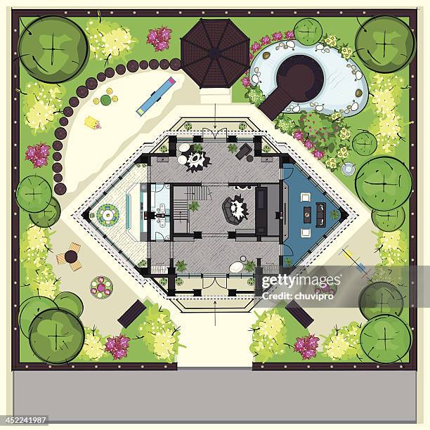 house top plan with a furnishing and big ganden - the roof gardens stock illustrations