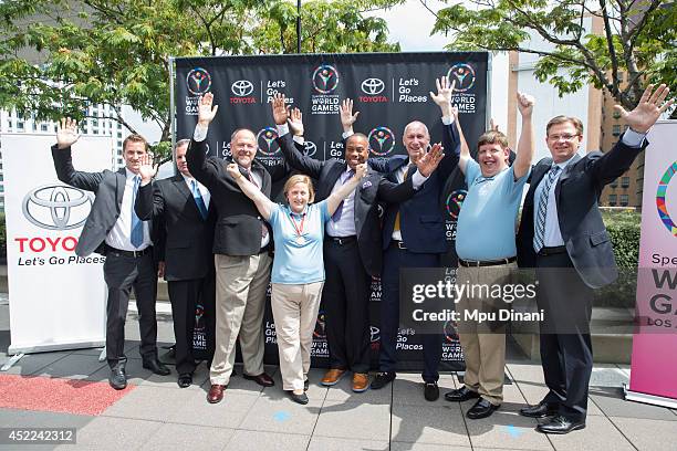 Toyota Executives Doug Eroh, Pete Carey, and Michael Rouse; Global Messenger Debi Anderson, ESPN Commentator Jay Harris, ESPN President John Skipper,...