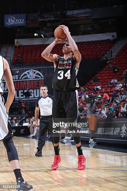 Giannis Antetokounmpo of the Milwaukee Bucks shoots against the San Antonio Spurs at the Samsung NBA Summer League 2014 on July 16, 2014 at the...