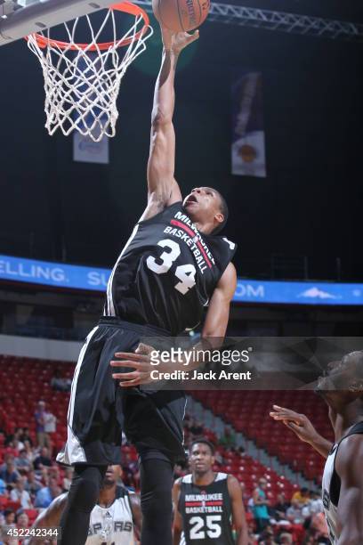 Giannis Antetokounmpo of the Milwaukee Bucks dunks against the San Antonio Spurs at the Samsung NBA Summer League 2014 on July 16, 2014 at the Thomas...