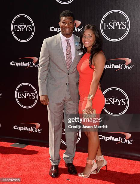 College football quarterback Jameis Winston with girlfriend Breion Allen attends The 2014 ESPYS at Nokia Theatre L.A. Live on July 16, 2014 in Los...