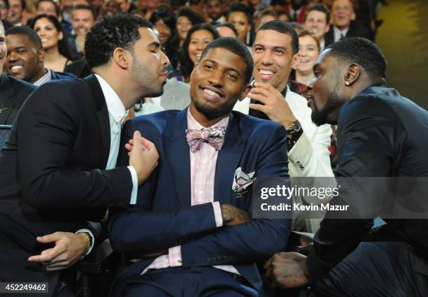 Host Drake, NBA players Paul George and Lance Stephenson during The 2014 ESPY Awards at Nokia Theatre L.A. Live on July 16, 2014 in Los Angeles,...