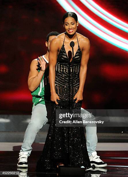 Skylar Diggins and host Drake speak onstage at the 2014 ESPY Awards at Nokia Theatre L.A. Live on July 16, 2014 in Los Angeles, California.