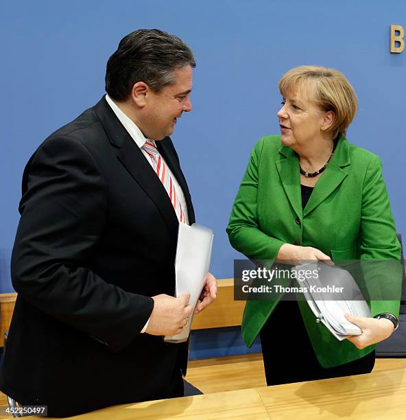 German Chancellor and Chairwoman of the German Christian Democrats Angela Merkel, and Chairman of the German Social Democrats Sigmar Gabriel during a...