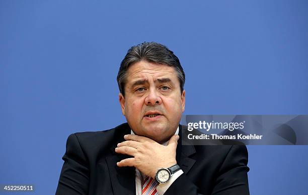 Chairman of the German Social Democrats Sigmar Gabriel during a press conference to present the three parties' coalition contract to the media on...