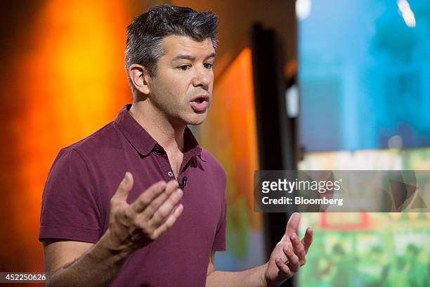 Travis Kalanick, co-founder and chief executive officer of Uber Technologies Inc., gestures as he speaks during a Bloomberg Television interview in...