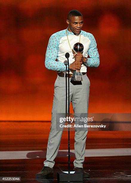 Player Russell Westbrook accepts the Best Comeback Athlete award onstage at the 2014 ESPY Awards at Nokia Theatre L.A. Live on July 16, 2014 in Los...