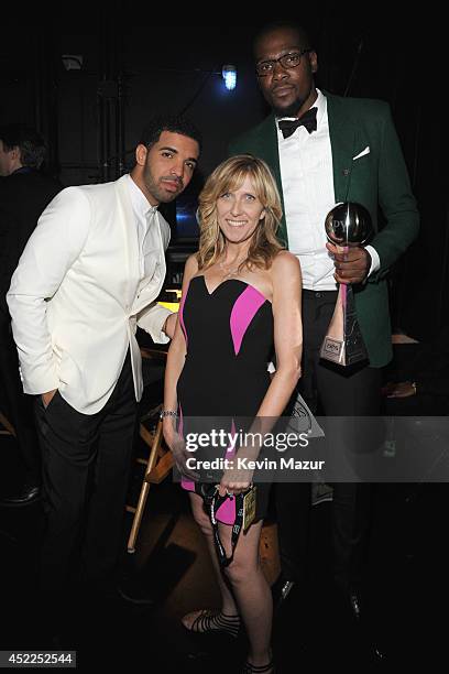 Host Drake, producer Maura Mandt and NBA player Kevin Durant attend The 2014 ESPY Awards at Nokia Theatre L.A. Live on July 16, 2014 in Los Angeles,...