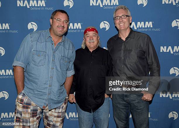 Vince Gill, Tom Bedell of Two Old Hippies and Joe Lamond President & CEO NAMM backstage before Vince Gill Hosts "Insight: Iconic Artists And The Gear...