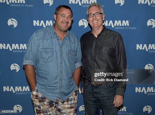 Vince Gill and Joe Lamond President & CEO NAMM backstage before Vince Gill Hosts "Insight: Iconic Artists And The Gear That Inspires Them" To Kick...