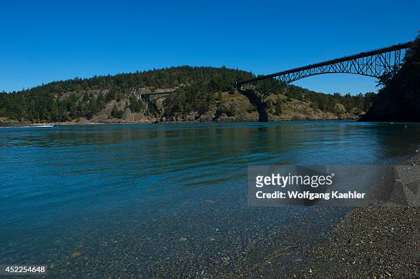 View of Deception Pass Bridge from North Beach of Deception Pass State Park on Whidbey Island, Washington State, United States.