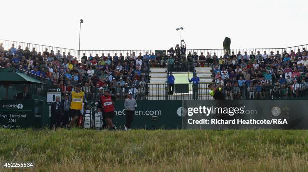 David Howell of England hits the first tee shot during the first round of The 143rd Open Championship at Royal Liverpool on July 17, 2014 in Hoylake,...