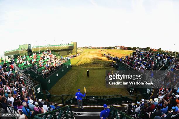 David Howell of England hits the first tee shot during the first round of The 143rd Open Championship at Royal Liverpool on July 17, 2014 in Hoylake,...