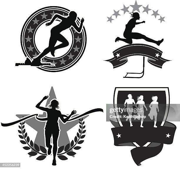 leichtathletik-mädchen symbole & banner - women's track stock-grafiken, -clipart, -cartoons und -symbole