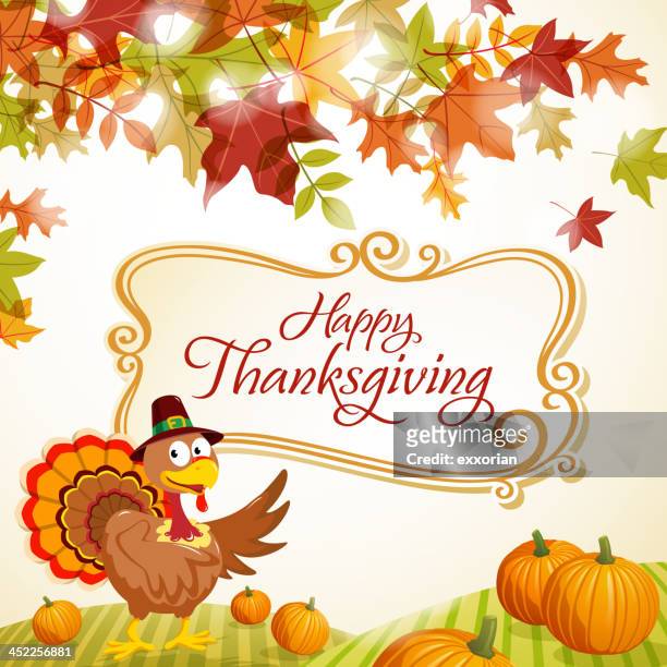 cartoon turkey in pumpkin patch farm for thanksgiving - cartoon thanksgiving stock illustrations