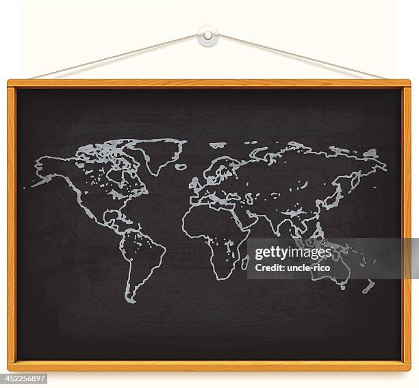 world map on big blackboard - pins string stock illustrations