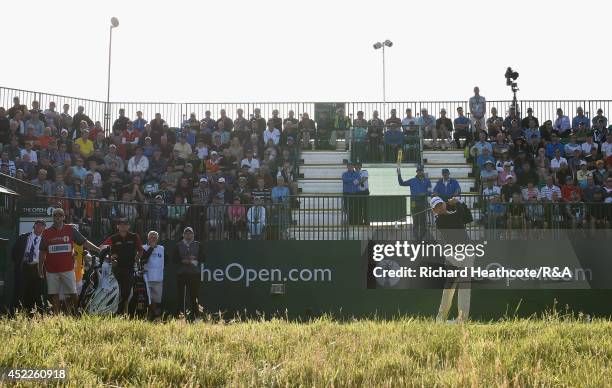 Former champions Paul Lawrie of Scotland, Ben Curtis of the United States and Justin Leonard of the United States on the first tee during the first...