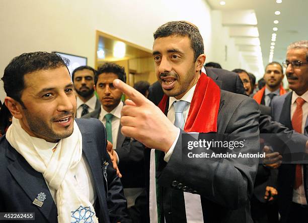 Foreign Minister Abdullah bin Zayed al-Nahyan reacts after the election results at the presentation of the candidacies for the 2020 World Expo, at...