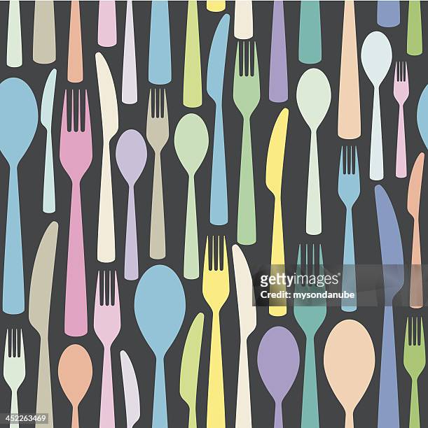 ilustraciones, imágenes clip art, dibujos animados e iconos de stock de patrón sin costuras colorida temática cubiertos - kitchen utensil