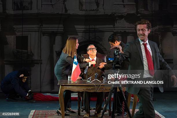 Actors of La Re-sentida Chilean theatre company perform during a rehearsal of the play 'La Imaginacion del futuro' written by La Re-sentida company...