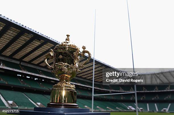 The Webb Ellis Cup pitchside at Twickenham Stadium during the England 2015 Rugby World Cup Ticketing and Times launch on November 27, 2013 in London,...