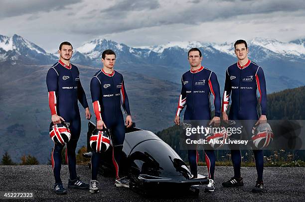 Bruce Tasker, Craig Pickering, John Jackson and Stuart Benson of the Great Britain GBR1 bobsleigh team pose for a group portrait shoot as they...