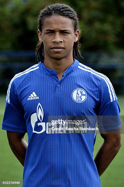 Leroy Sane poses during FC Schalke 04 team presentation at Veltins-Arena on July 17, 2014 in Gelsenkirchen, Germany.