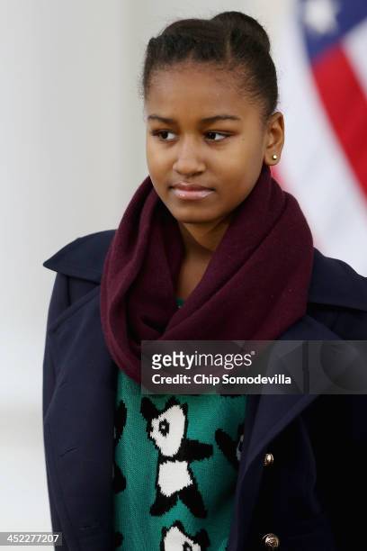 Sasha Obama participates in the pardoning the 2013 National Thanksgiving Turkey, "Popcorn" with her father U.S. President Barack Obama on the North...