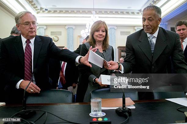 Michael Millikin, executive vice president and general counsel with General Motors Co. , from left, Mary Barra, chief executive officer of GM, and...