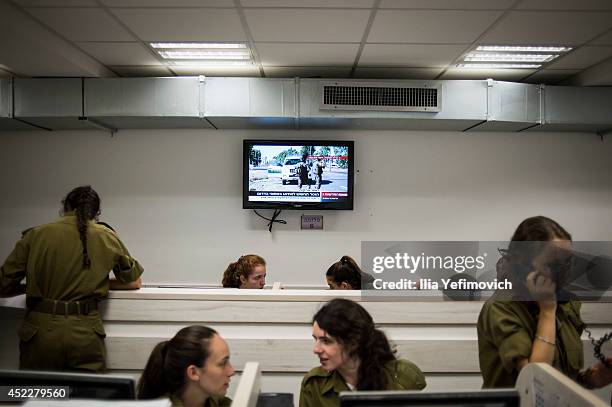 Israeli home front unit soldiers work at an emergency call centre on July 17, 2014 in Ramla, Israel.As the Israeli operation 'Protective Edge' enters...