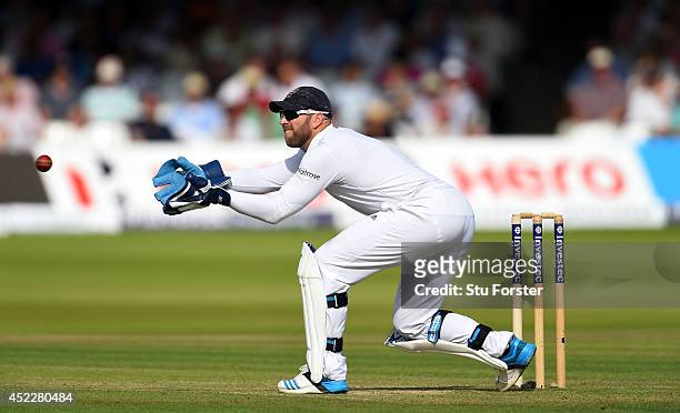 England keeper Matt Prior in action during day one of 2nd Investec Test match between England and India at Lord's Cricket Ground on July 17, 2014 in...