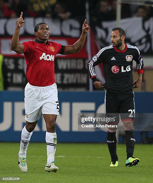 Antonio Valencia of Manchester United celebrates scoring their first goal during the UEFA Champions League Group A match between Bayer Leverkusen and...