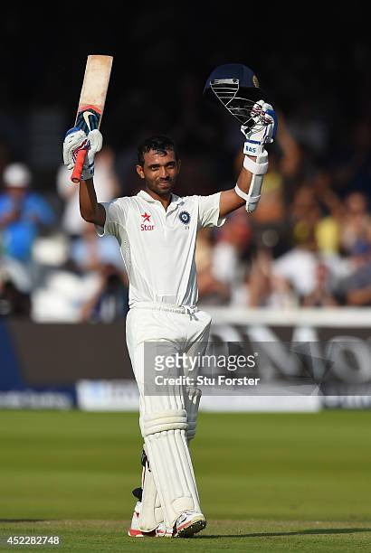 India batsman Ajinkya Rahane celebrates after reaching his century during day one of 2nd Investec Test match between England and India at Lord's...