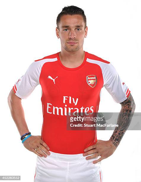 Arsenal unveil new signing Mathieu Debuchy on July 17, 2014 in St. Albans, England.