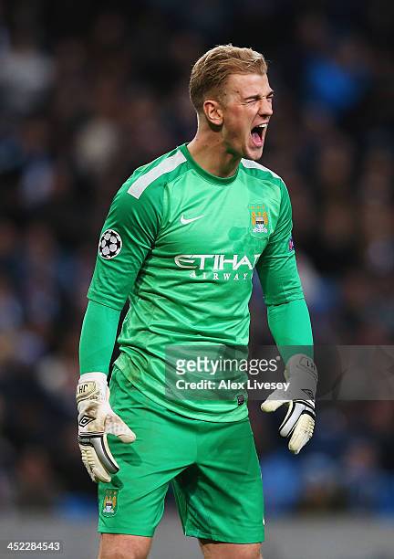 Joe Hart of Manchester City shows his frustration after the second goal scored by Stanislav Tecl of Plzen during the UEFA Champions League Group D...