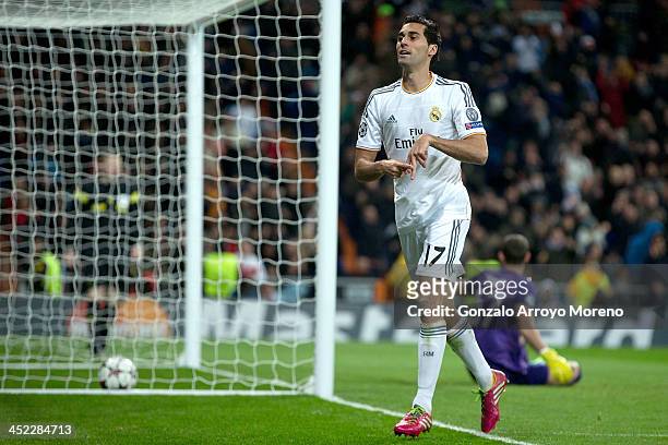 Alvaro Arbeloa of Real Madrid CF celebrates scoring their second goal during the UEFA Champions League group B match between Real Madrid CF and...
