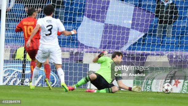 Galatasaray's Umur Bulut scores a goal during the UEFA Champions League football match between Real Madrid vs Galatasaray at the Santiago Bernabeu...